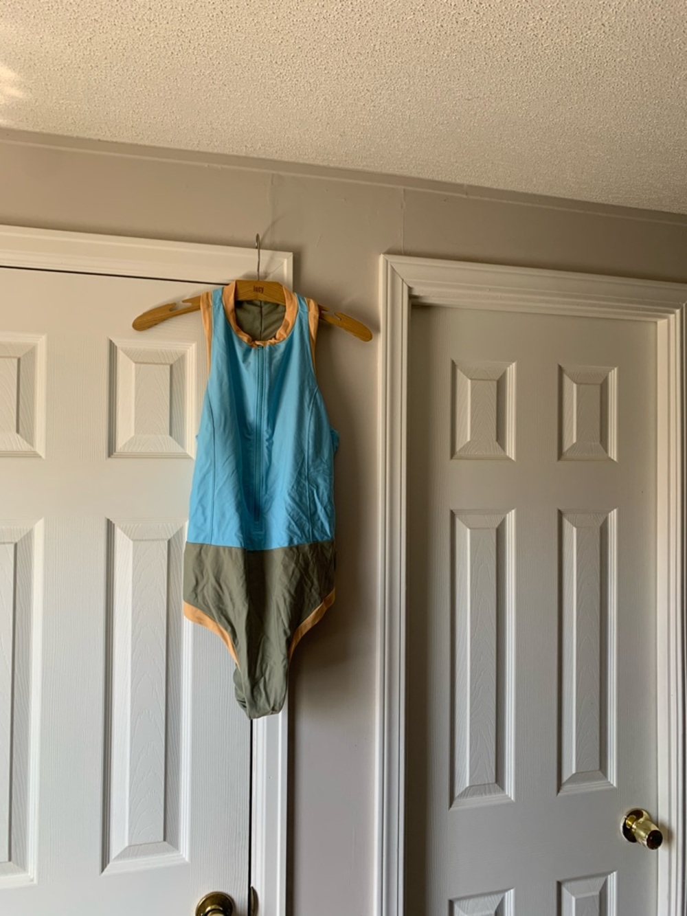 Prana Colorblock Swimsuit in Sky Blue & Olive with Peach Trim
